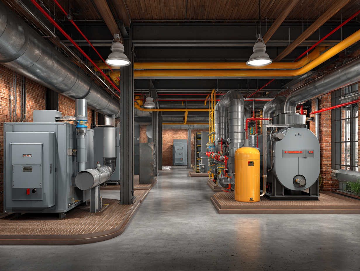 Commercial mechanical room with boilers, pipes, and HVAC equipment